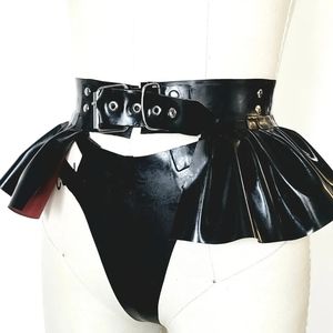 Real Rubber Latex Fetish Goth Punk Fashion Ruffle Pleated Skirt Belt Size Small